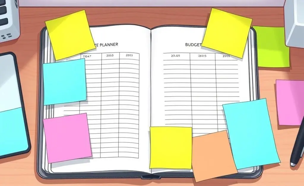 A budget planner with colorful sticky notes.