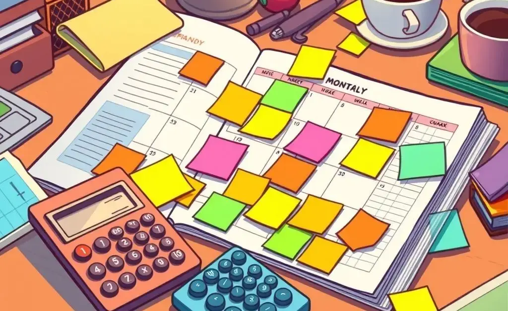 A monthly budget planner with colorful sticky notes and a calculator