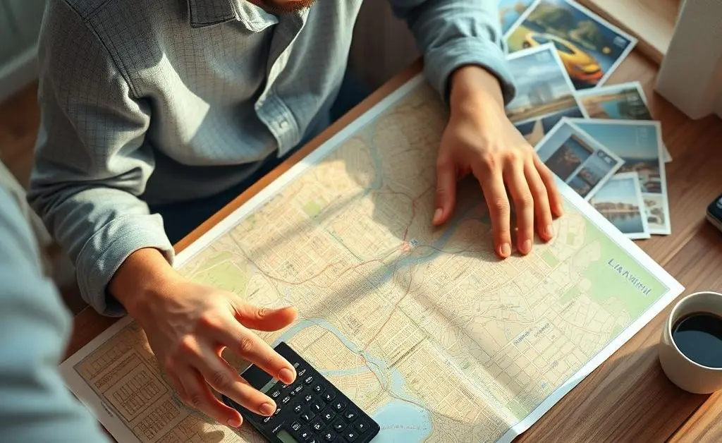 An image showing a person with a map and calculator planning their travel and budget.