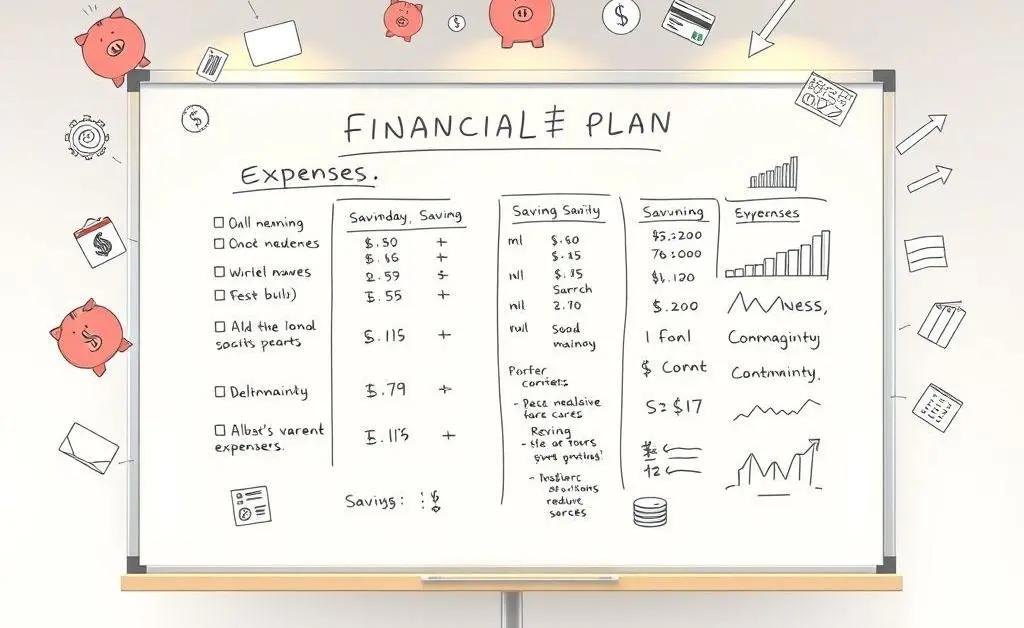 Illustration of a whiteboard with a financial plan including expenses and savings goals, surrounded by financial icons.