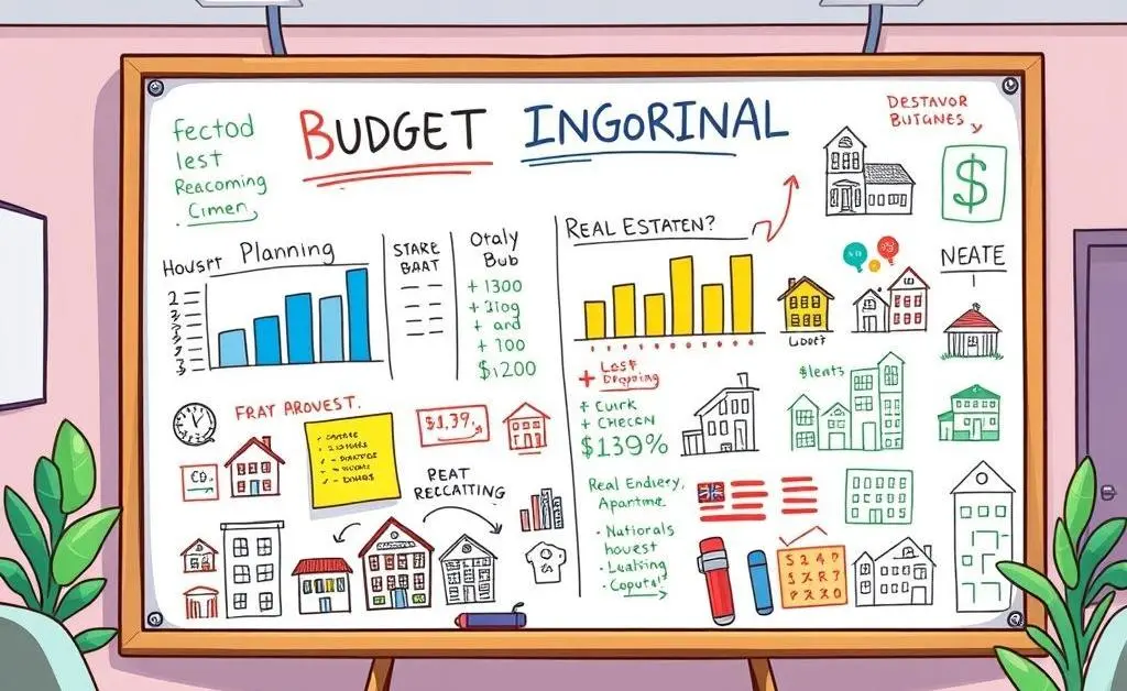 A cartoon-style image of a whiteboard with budget planning details and real estate sketches.