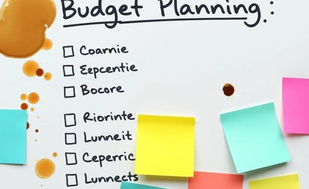 Checklist titled 'Budget Planning' with coffee stains.