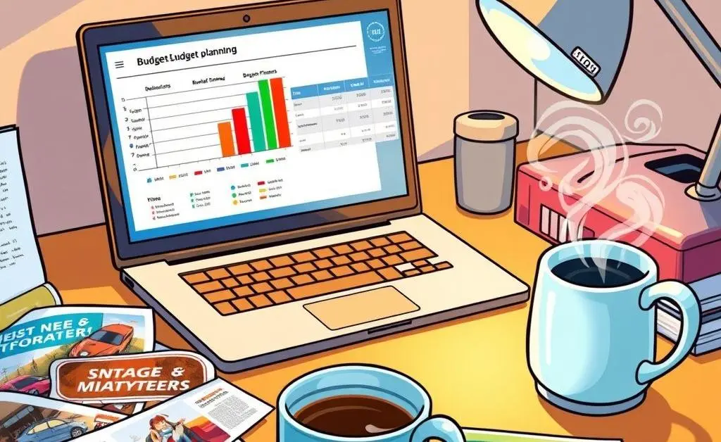 A desk with a laptop showing a budget planner and car brochures