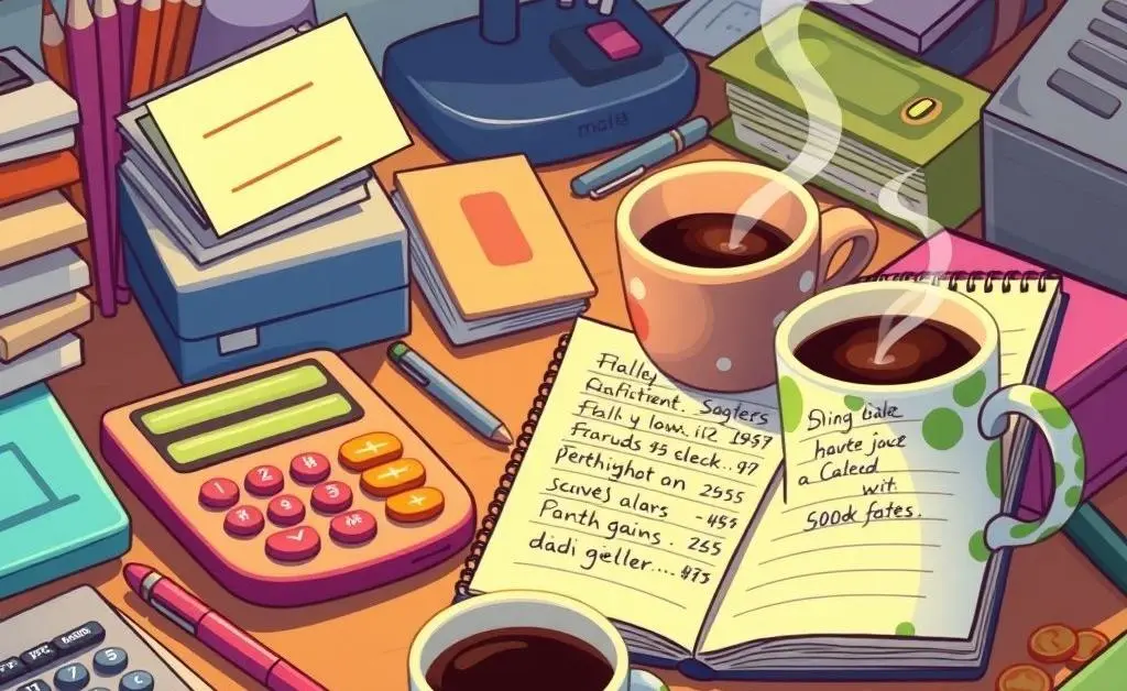 Image showing a desk with budget planning essentials like a calculator, notepad, and coffee