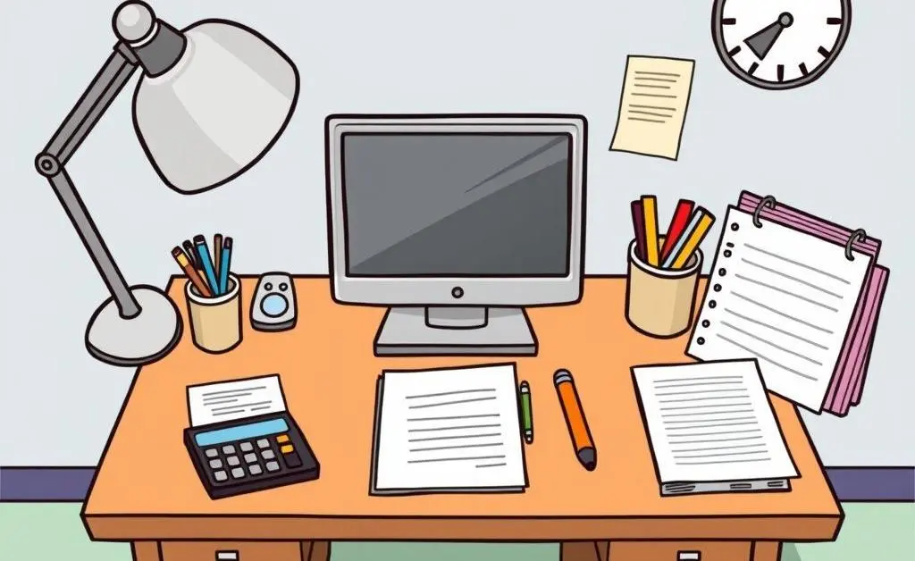 Cartoon-style image of a tidy desk with budgeting tools like a calculator and notepad