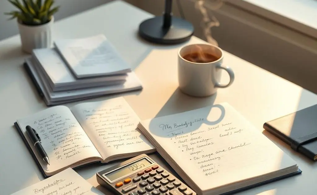 A tidy desk with budgeting tools like notepads, a calculator, and coffee.