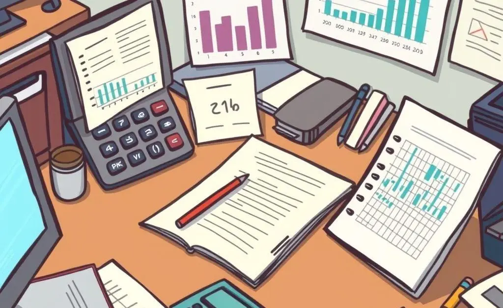 A desk cluttered with financial planning materials, indicating detailed financial strategies