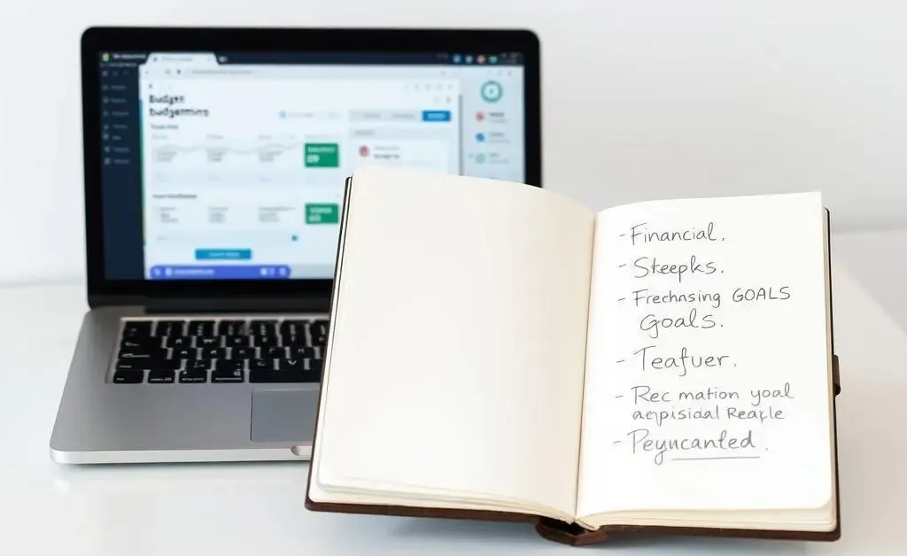 A minimalistic desk with a laptop showing a budgeting app and a notebook with sketches of financial goals.