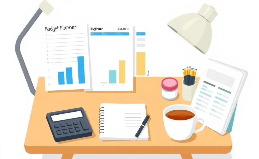 A clean and modern cartoon-style desk with a budget planner, calculator, and a cup of tea.