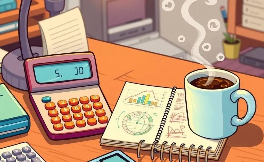 A desk with budgeting tools, including a calculator and notepad