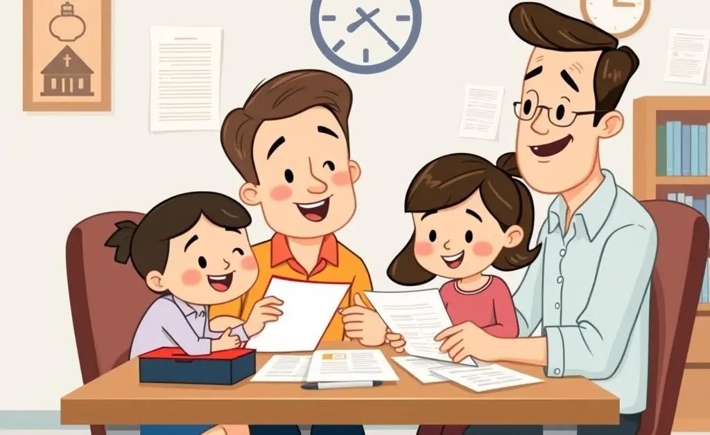 A cartoon family planning a budget at a desk filled with health insurance documents