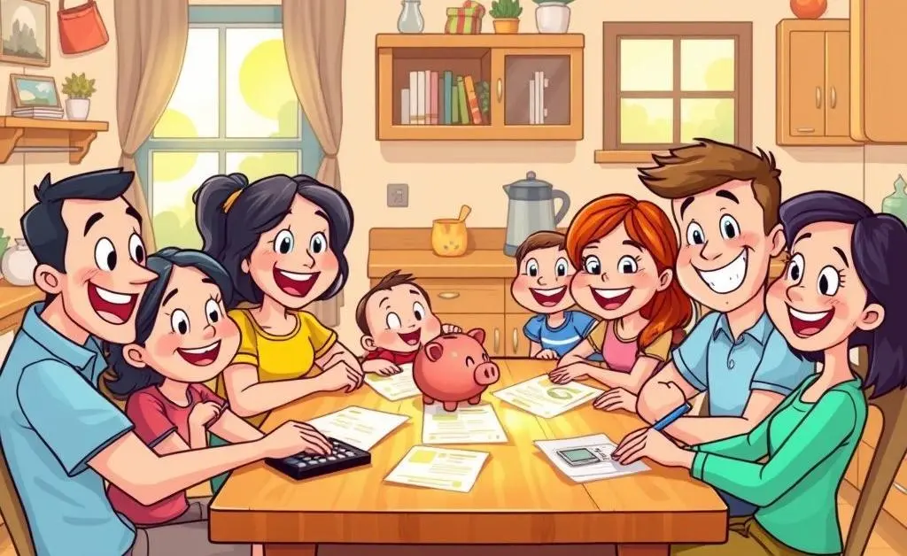 A cartoon family at a kitchen table reviewing budget plans.