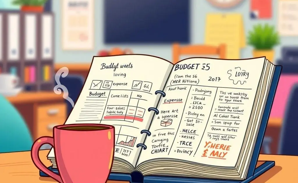 Cartoon showing a planner and coffee cup on a desk with budget notes