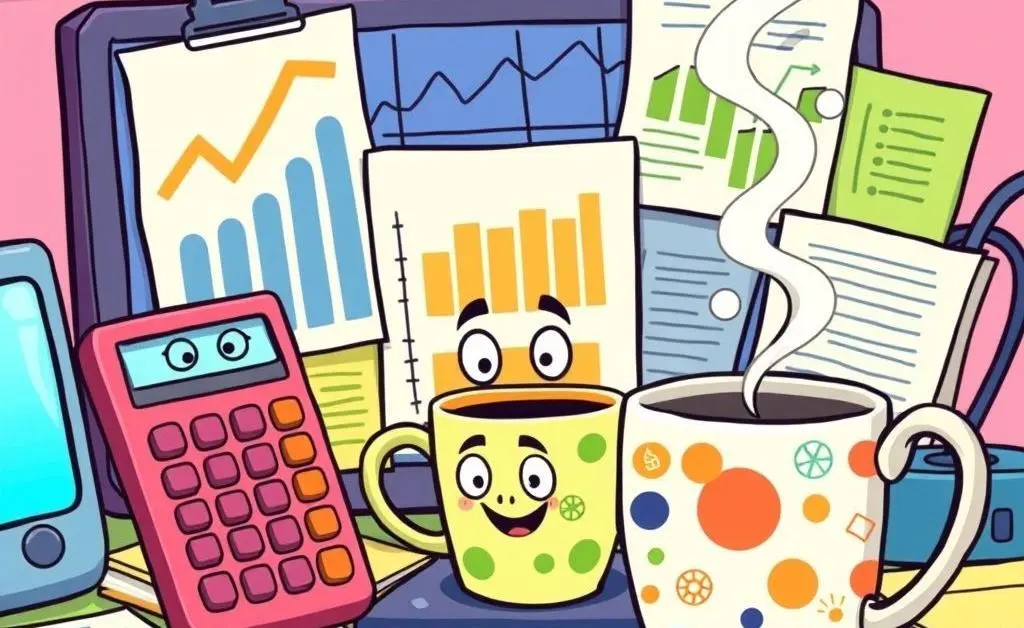 A cartoonish desktop filled with budget plans, calculators, and coffee cup, indicating financial planning.
