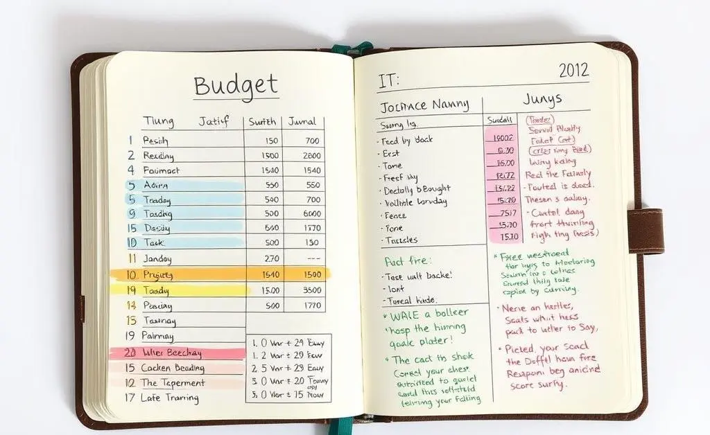 A hand-drawn journal open to a budget planning page.