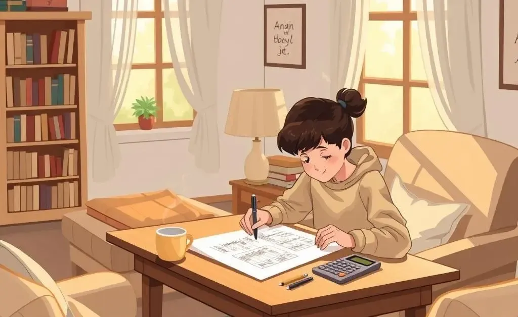 Illustration of a person sketching a budget plan in a cozy home environment.