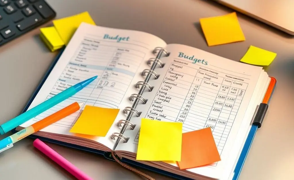 An image of a budget planner notebook open with colorful pens and sticky notes surrounding it.
