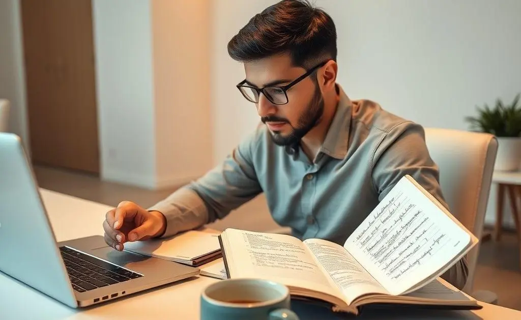 A person at a desk with a laptop, notebook, and coffee mug, planning a budget.