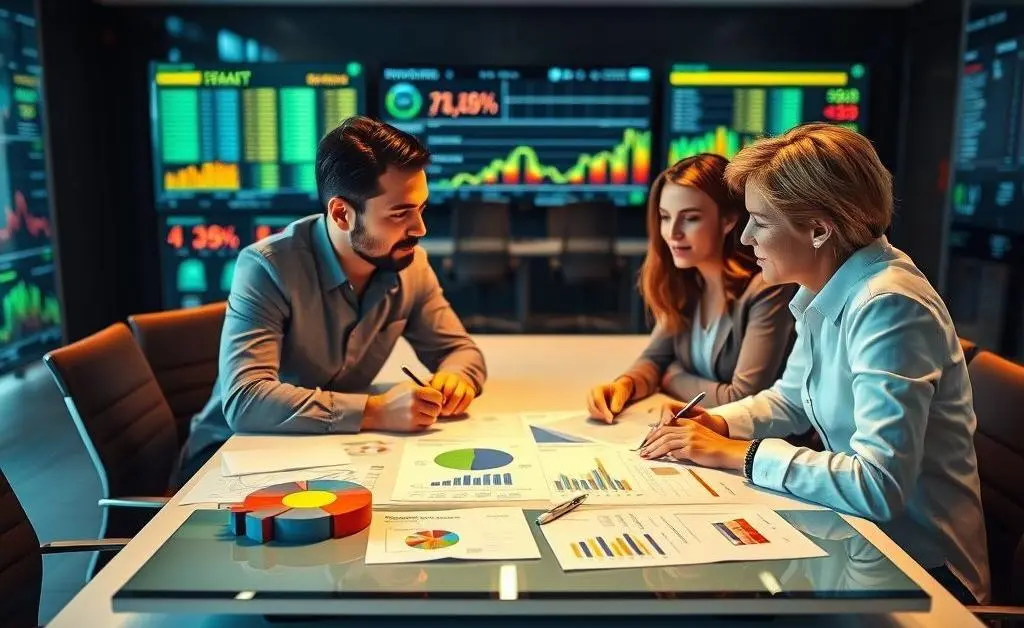 Two people sitting at a table, discussing a budget plan, surrounded by charts and lists.
