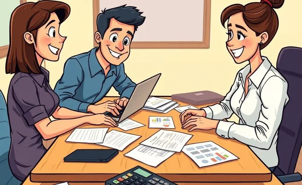 A cartoon of a couple at a table with a laptop, papers, and a calculator