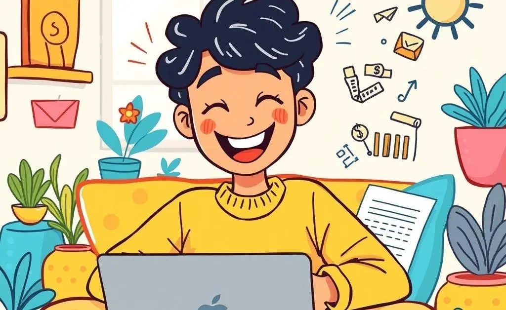 Person happily planning budget on laptop.