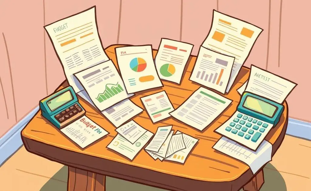 A table with budget planning documents and a calculator