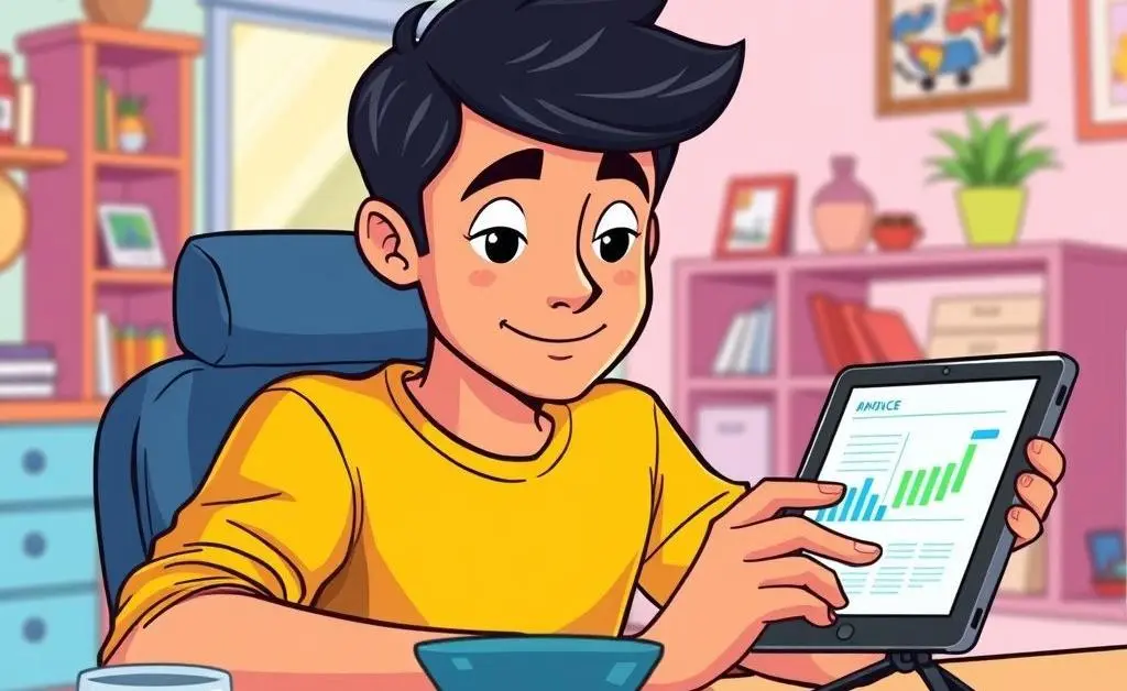 A cartoon-style image of a person using a tablet to plan a budget for a new car