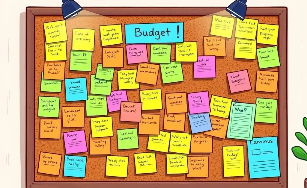 A board filled with colorful post-it notes showing a budget plan