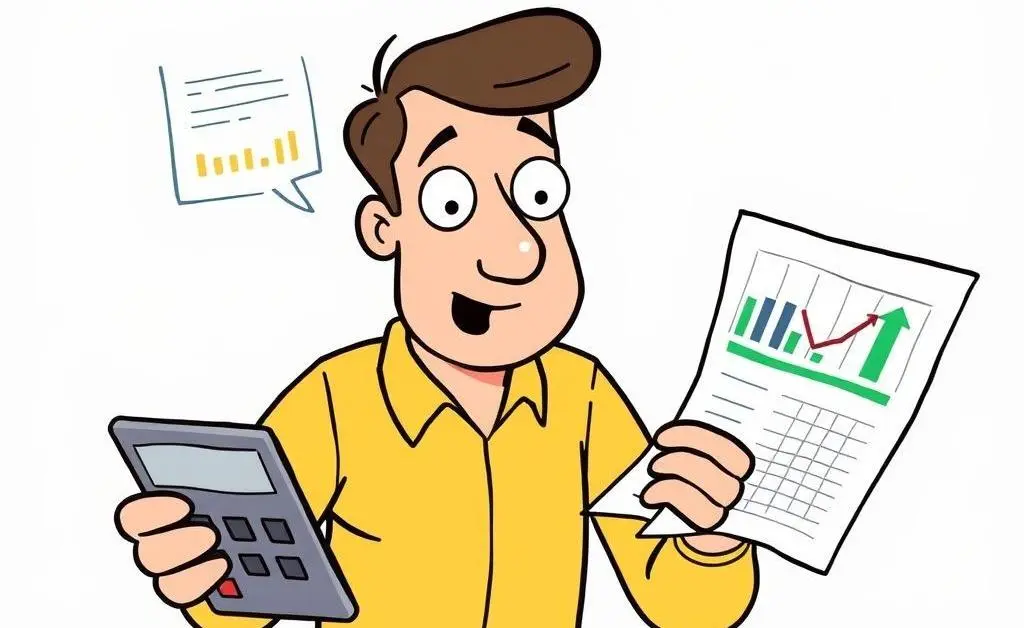 Cartoon depicting a person planning a budget with charts and a calculator.