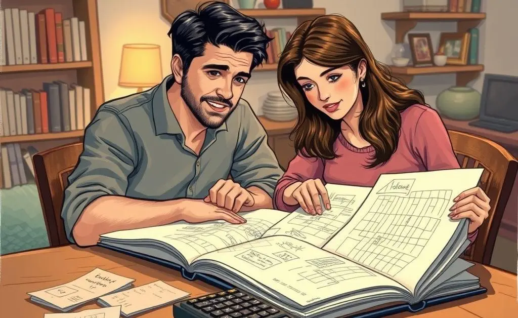 Illustration of a couple brainstorming budget ideas together, with a large notebook and calculator on the table.