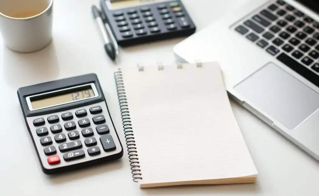 Various budget planning tools, like a calculator, notepad, and laptop on a tidy desk.