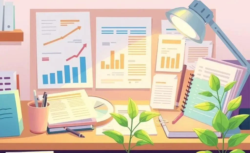 Cartoon of a neat desk with budget planning tools and a soothing plant.