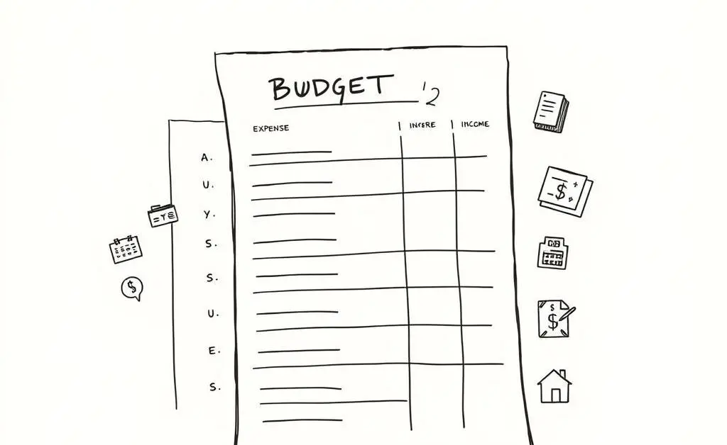 Budget planning worksheet with icons for expenses and income