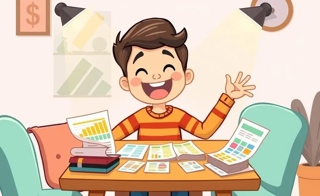 A person planning their budget at a table joyfully