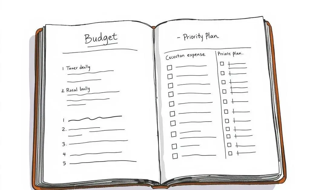 A hand-drawn image of a notebook with a clear visually-linear budget plan filled with priorities categorized by importance.