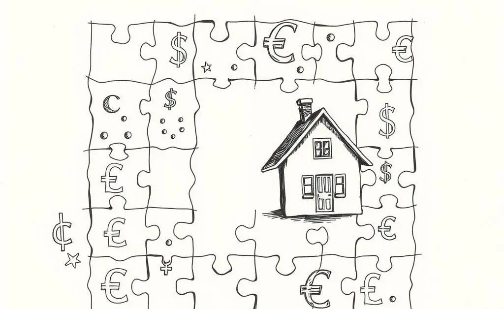 A jigsaw puzzle made from currency symbols and a tiny house