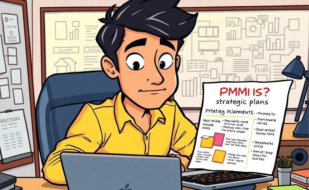 A cartoon of a person sitting at a desk with a laptop and a strategic plan for avoiding PMI.
