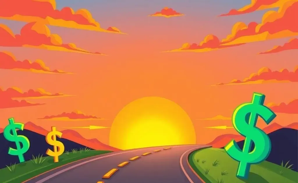 Winding road with dollar signs at the sunset representing financial journey
