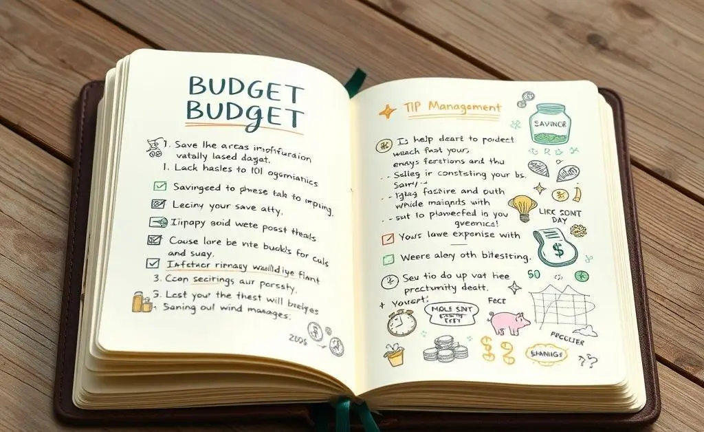 A notebook open with a list of budget tips, illustrated with doodles.