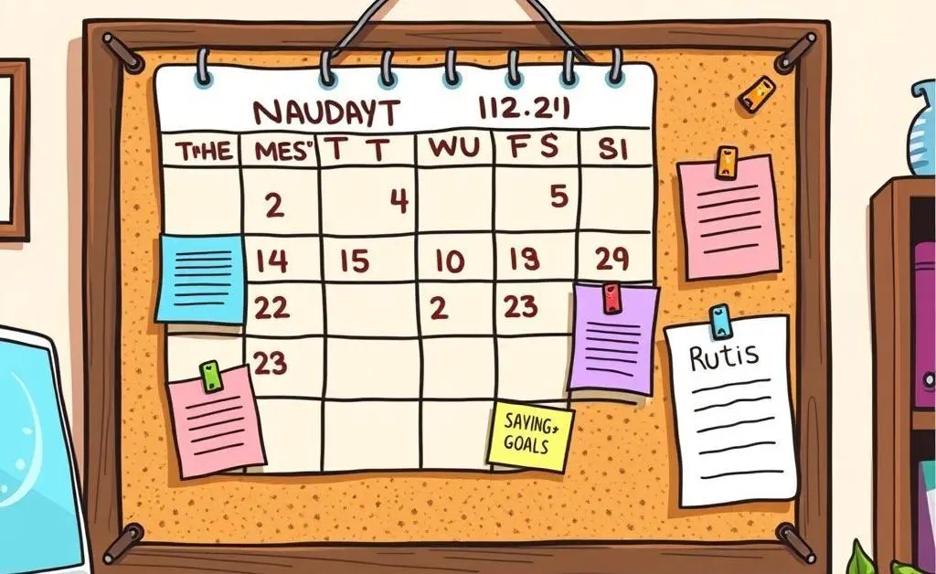 Illustration of a calendar with budget notes pinned on a wall