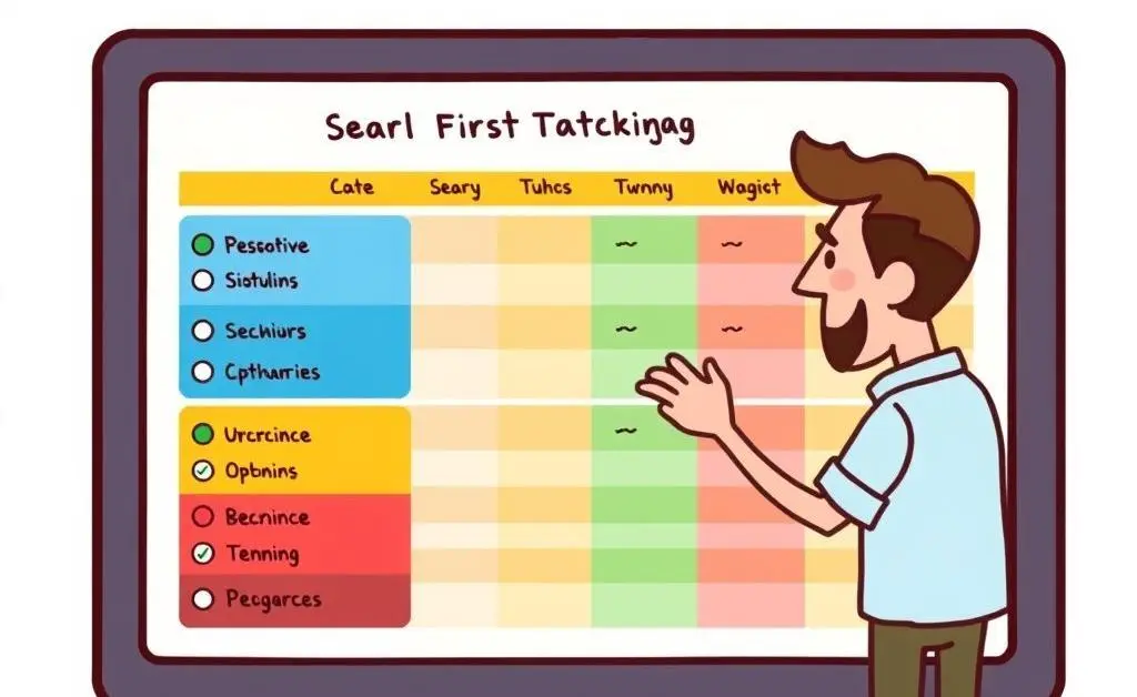 A cartoon illustration of a person managing a colorful budget tracking board with different categories.