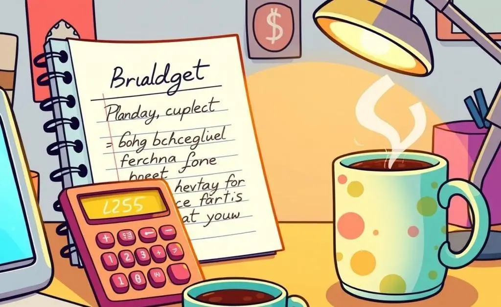 A workspace with budget planning tools like notepad and calculator.