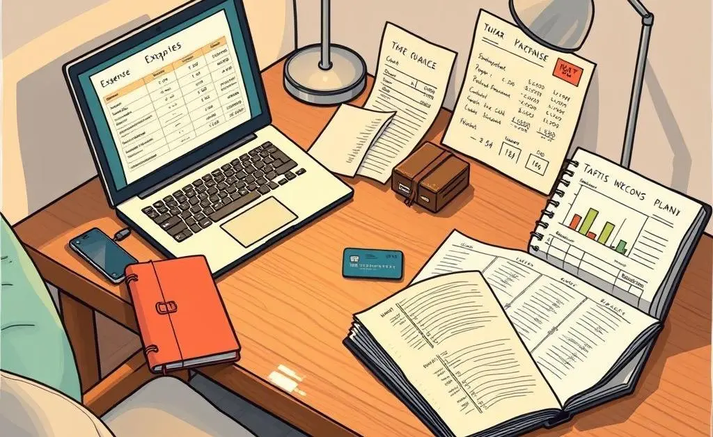 Cozy yet fashionable traveler's desk with budget planning tools and a credit card.