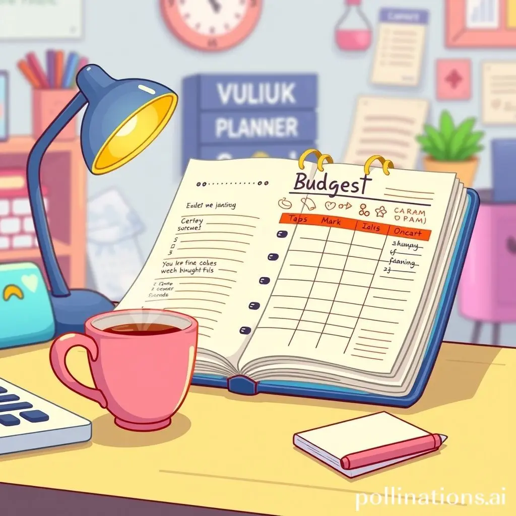 Budget planner with a cup of coffee beside it