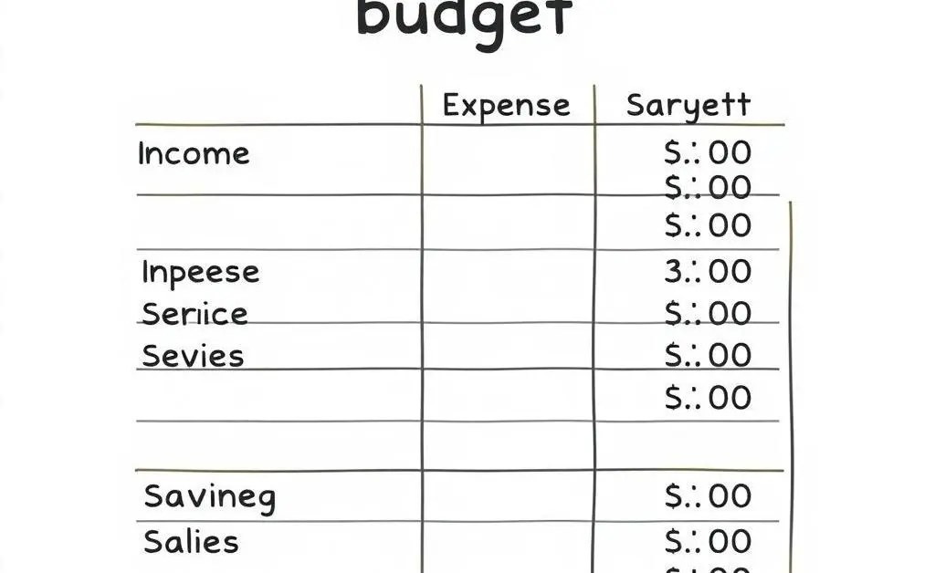 A cartoon illustration of a simple budget sheet with income, expenses, and savings columns.