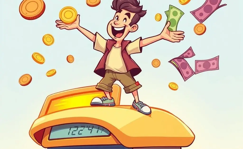 A person juggling coins and bills on a giant calculator, illustrating the art of budgeting.