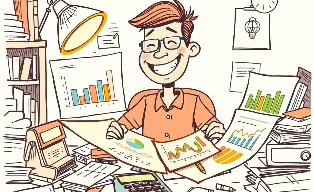 A hand-drawn style image of a person happily managing finances on their desk with charts and a calculator