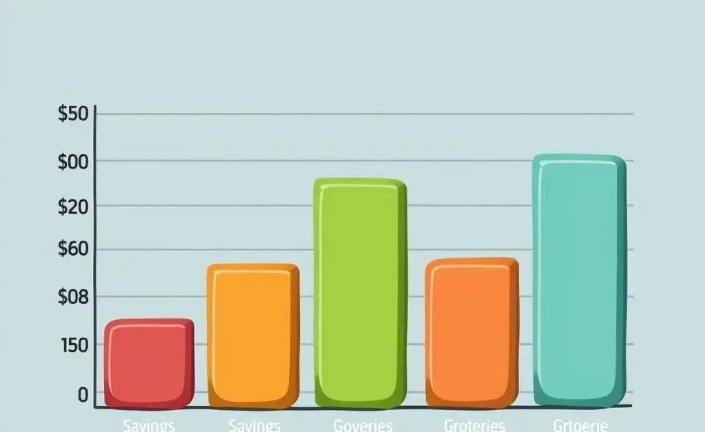A cartoon-style bar chart labeled Monthly Budget Breakdown