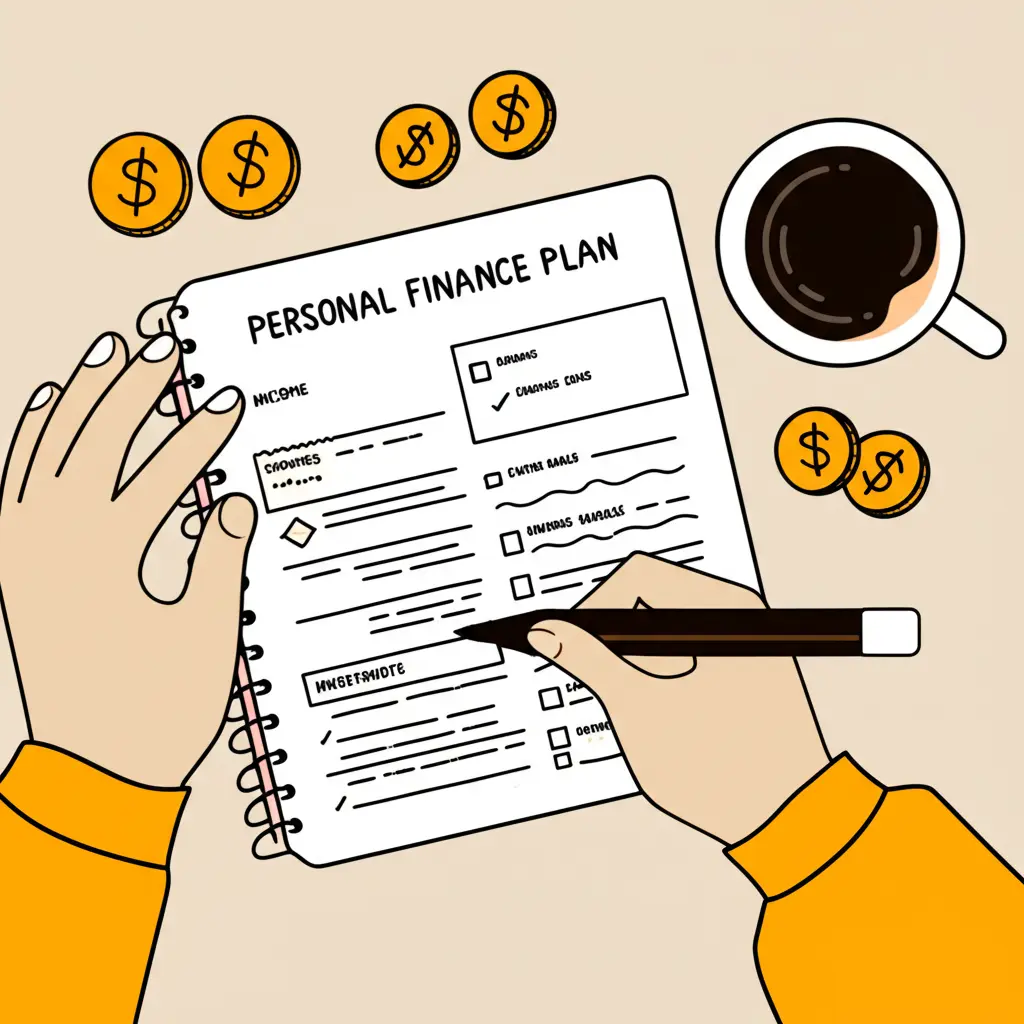 Person writing a personal finance plan on a notepad