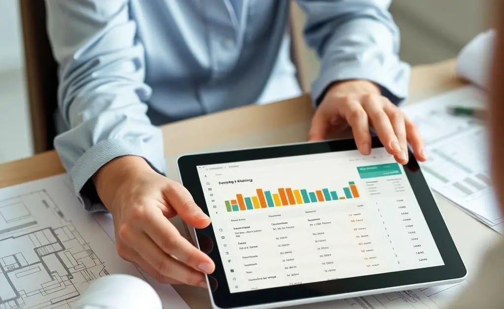 A person at a table with a budgeting app.